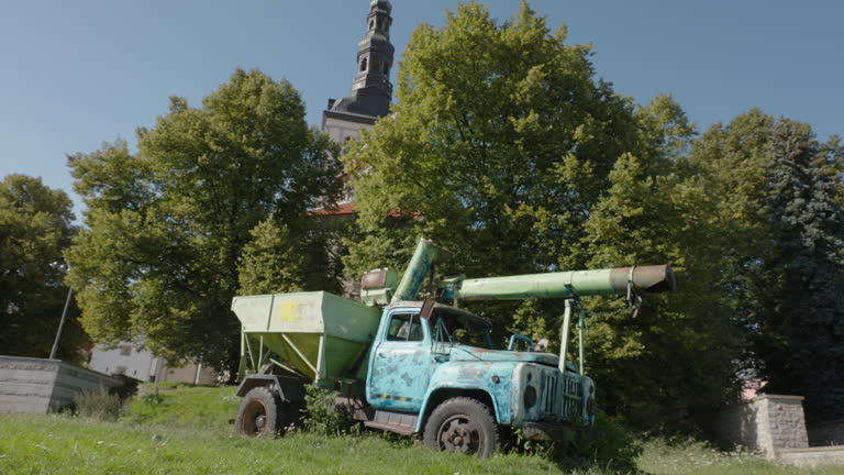 Vintage Cement Mixer Truck Abandoned by Old Church in Tallinn on Estonia