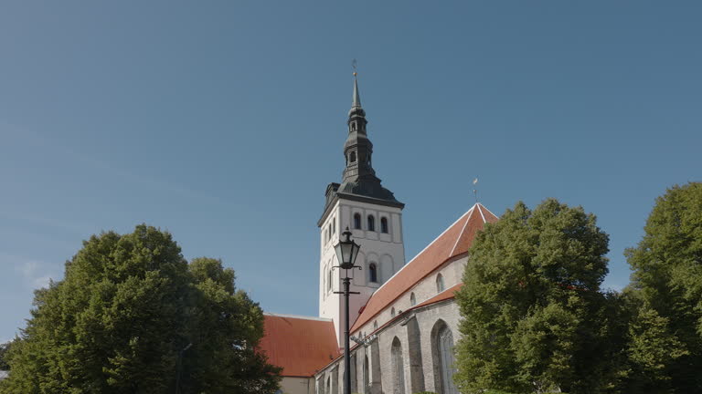 Historic Church Tower Above Treetops Against Blue Sky in Tallinn on Estonia