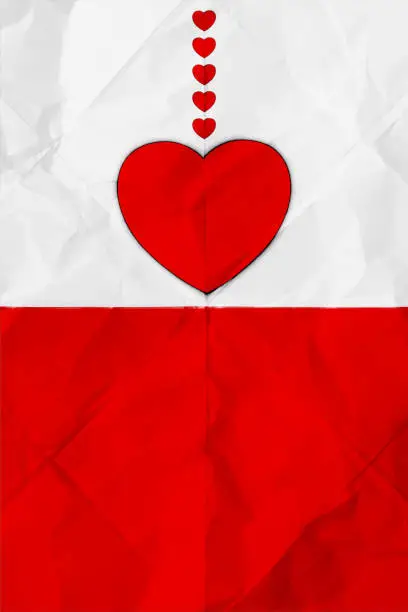 Vector illustration of One big vibrant solid heart shape and five small hearts string  design over red and white coloured textured crumpled white paper vector valentine love theme vertical backgrounds with folds and creases
