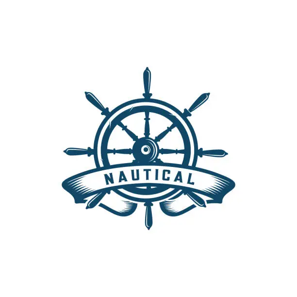 Vector illustration of Cruise ship rudder symbol design with ribbon vintage style for business, sailors, sailing.