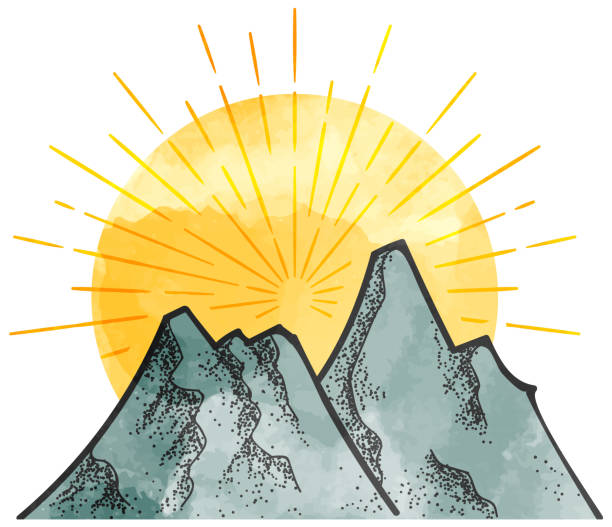 ilustraciones, imágenes clip art, dibujos animados e iconos de stock de ilustración vectorial de acuarela de montañas dibujadas a mano - rising sun drawings