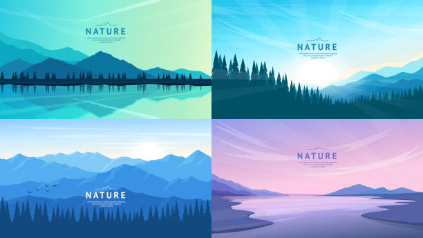 Set of mountain outdoor landscapes. Mountains, forest and river. Set of vector landscapes. Evening twilight on the lake, high mountain ranges and forest, sunrise in the mountains, a river with gentle banks. Concept of tourism, research, nature observation, hiking. lake stock illustrations