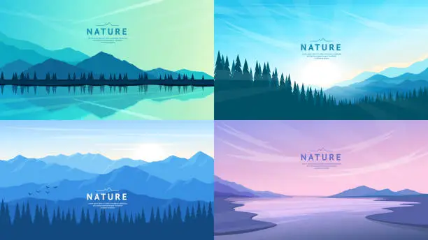 Vector illustration of Set of mountain outdoor landscapes. Mountains, forest and river.