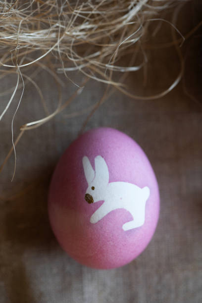 painted eggs for easter. drawing of bunny on pink egg on rustic background.