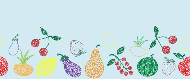 손으로 그린 수박, ��체리, 사과, 배, 레몬, 딸기, 가지, 건포도, 양파를 가진 완벽 한 패턴 (테두리)은 아이들의 순진한 스타일입니다. - cherry coloured colored background yellow red stock illustrations