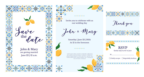 Ceramic majolica border, invitation template with patchwork. RVSP card with portuguese ornate. Vector illustration.