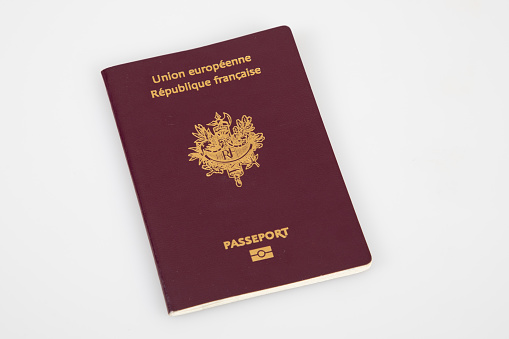 european biometric passport for the french republic on white grey background