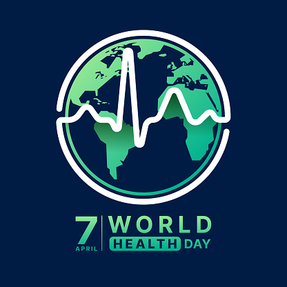 World Health Day - White rhythm wave circle curve on circle green globe earth sign on dark blue background vector design