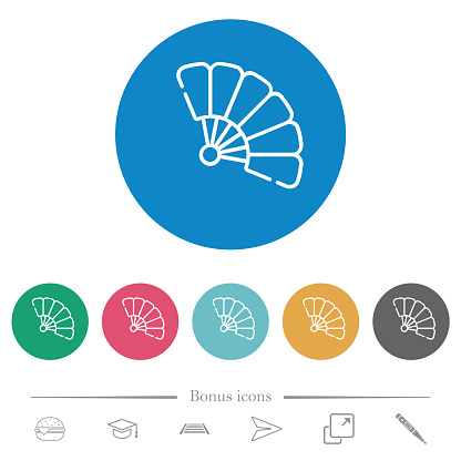 Folding hand fan outline flat white icons on round color backgrounds. 6 bonus icons included.