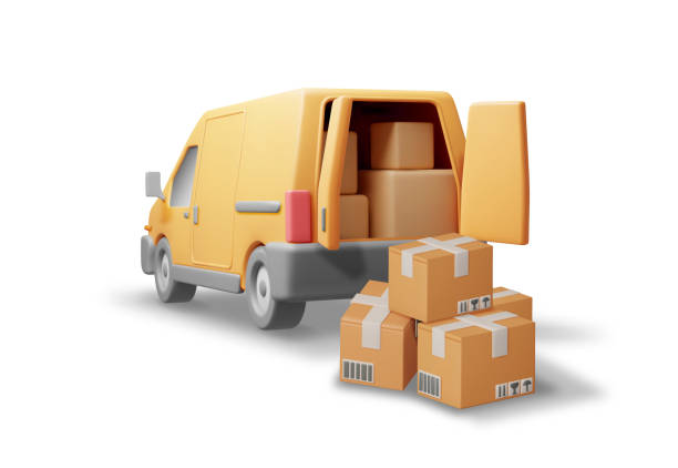 3d delivery van and cardboard boxes - truck moving van moving house box stock-grafiken, -clipart, -cartoons und -symbole