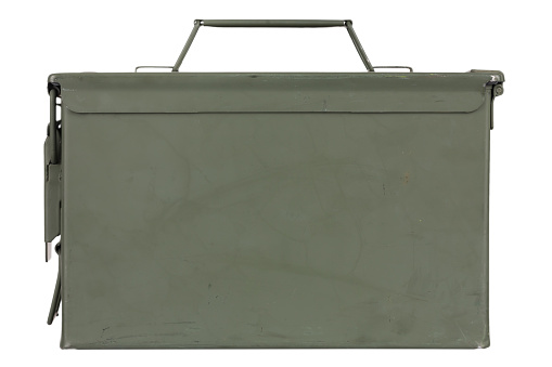 US army green metal ammo can for gun cartridges isolated on white.