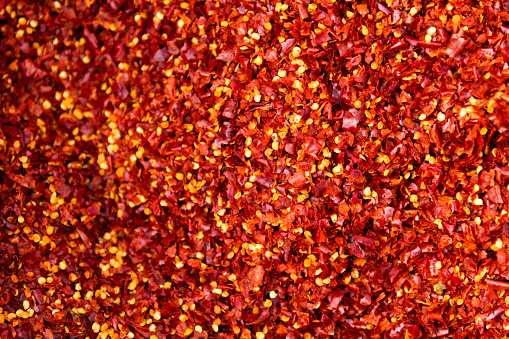 Pile of crushed red pepper in market