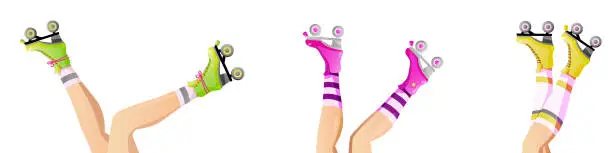 Vector illustration of Set of Roller skates and female legs. Girls wearing roller skates. Hand drawn trendy vector illustration of legs and rollerblades for web banner, poster, card