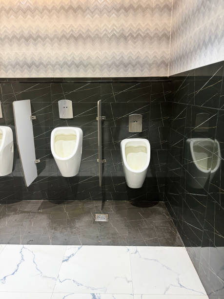 imagen de urinarios de fila en diferentes niveles para niños y adultos, urinarios de cerámica blanca para baños públicos, tabiques de privacidad, salpicadero de fondo, desagües y desagües dentro de la pared, suelo de baldosas - rough waters fotografías e imágenes de stock