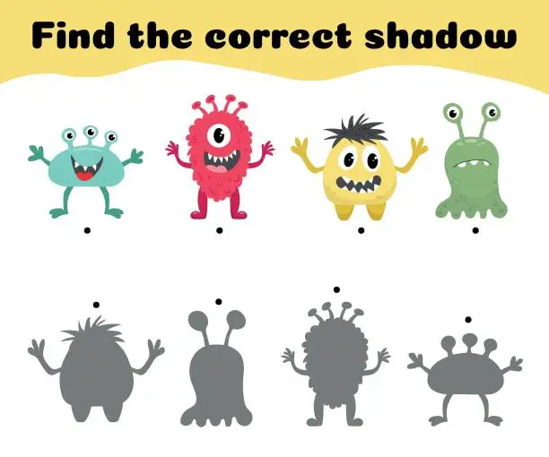 Vector illustration of Find correct shadow of monsters. Educational game for children. Shadow matching game. Mindfulness activity for kids: aliens and silhouettes.Vector illustration.