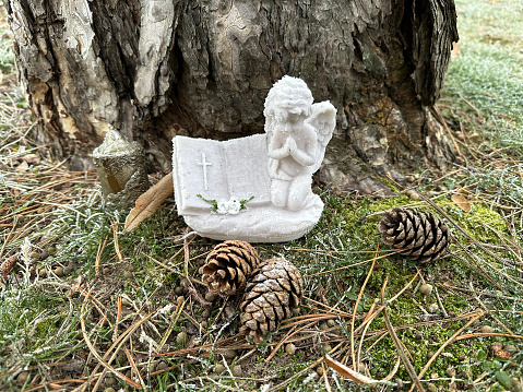 Angel figurine and pine cones in the public cemetery