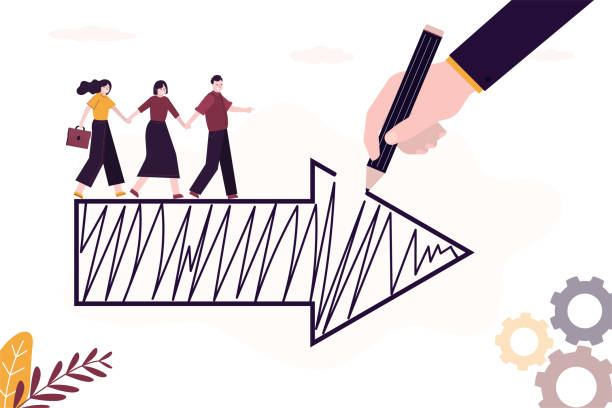 istock Business coach draws giant arrow for students or business people team, showing correct direction of development. Skills improvement, mentoring for career ladder 1979515696