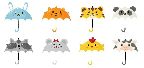 Vector illustration of Collection of cute kawaii animal umbrellas.