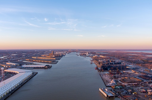 Aerial view of the Mobile, Alabama river at sunset in January