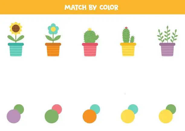 Vector illustration of Match colorful flower pots  and colors. Educational worksheet for kids.