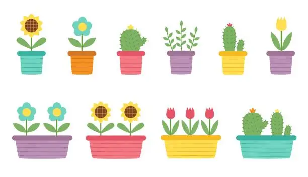 Vector illustration of Set of colorful flower pots in cartoon style isolated on white background.