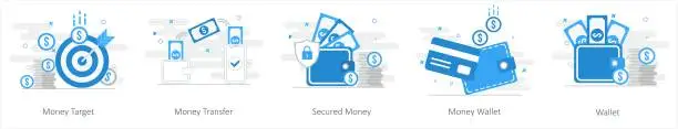 Vector illustration of A set of 5 mix icons as money target, money transfer, secured money