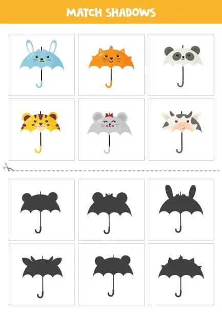 Vector illustration of Find shadows of cute colorful umbrellas. Cards for kids.