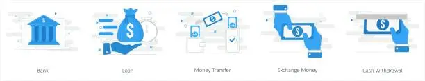 Vector illustration of A set of 5 mix icons as bank, loan, money transfer