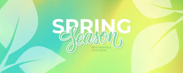 Spring Season background with hand lettering and spring leaves for Springtime commercial graphic design. New Arrivals. Soft blurred colors. Spring Season background with hand lettering and spring leaves for Springtime commercial graphic design. New Arrivals. Soft blurred colors. Vector illustration. spring banner stock illustrations