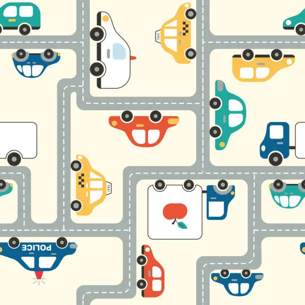 Vector illustration of Vector pattern with colorful cars on the road