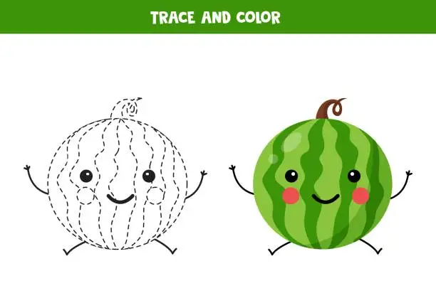 Vector illustration of Trace and color cute green watermelon. Printable worksheet for children.