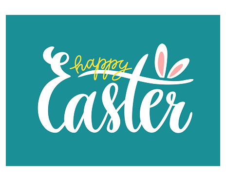 Happy Easter handwritten lettering phrase with bunny ears isolated on aquamarine background. Seasonal vector design with minimalist calligraphy for web banner, social media, invitation, or print.