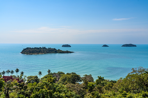 Beautiful view of the 4 islands, Koh Man Nai, Koh Man Nok, Koh Pli, Koh Yuak, seen from Koh Chang island on a bright sunny day