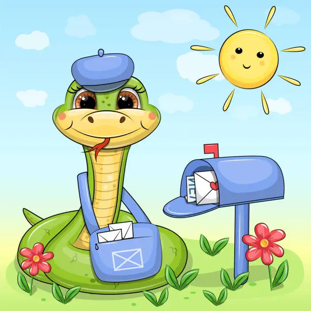 Vector illustration of A cute cartoon green snake postman with a blue bag and hat stands next to the mailbox.