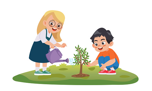 Children are planting trees and watering trees.vector illustration isolated