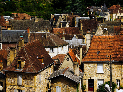A high-angle shot of the roofs of the buildings in the town of La Vezere, France.