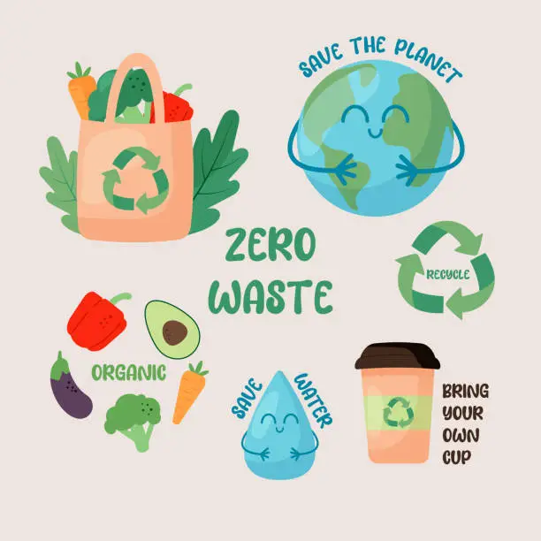 Vector illustration of Zero Waste stickers set