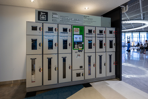 Narita, Japan - September 18, 2023 : Coin-operated lockers at Narita International Airport in Japan.