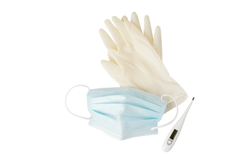 Doctor surgery mask and surgical glove isolated white background
