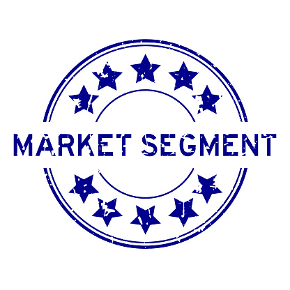 Grunge blue market segment word with star icon round rubber seal stamp on white background