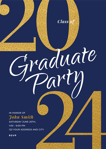 Graduation Class of 2024. Party invitation. Greeting cards with golden glitter. Stock illustration