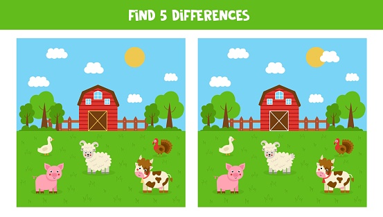 Find five differences between pictures. Farmland landscape with farm animals.