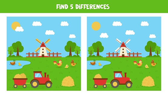 Find five differences between pictures. Farmland landscape with farm animals.