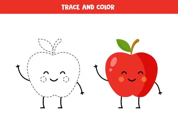 Vector illustration of Trace and color cute kawaii apple. Printable worksheet for children.