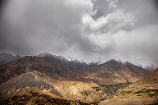 Tiny villages scattered in the valleys amongst rough mountain peaks of the greater Himalayas, en route Leh, Ladakh