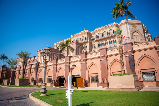 Abu Dhabi, United Arab Emirates - December 5, 2023: The Emirates Palace is most expensive hotel in the world in Abu Dhabi, United Arab Emirates. High quality photo