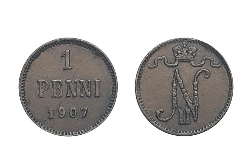 1 Penni 1907 Nikolai II. Coin of Finland. Obverse Crowned monogram of Nikolai II.  Reverse Denomination and date