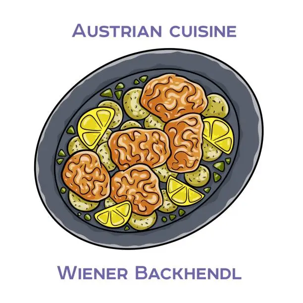 Vector illustration of Wiener Backhendl is a traditional Austrian dish consisting of fried chicken coated in breadcrumbs