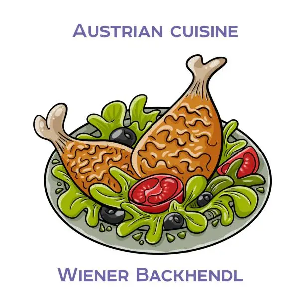 Vector illustration of Wiener Backhendl is a traditional Austrian dish consisting of fried chicken coated in breadcrumbs