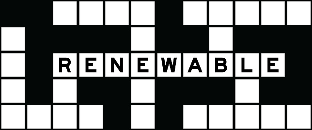 Alphabet letter in word renewable on crossword puzzle background